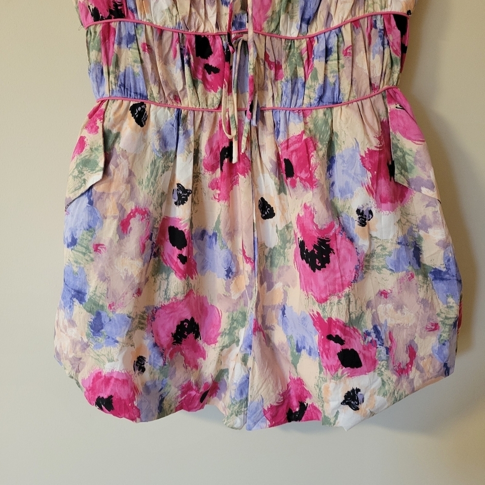 AUREUM Floral Watercolor Spaghetti-Strap Romper in Pink, Blue, Cream - Picture 6 of 9